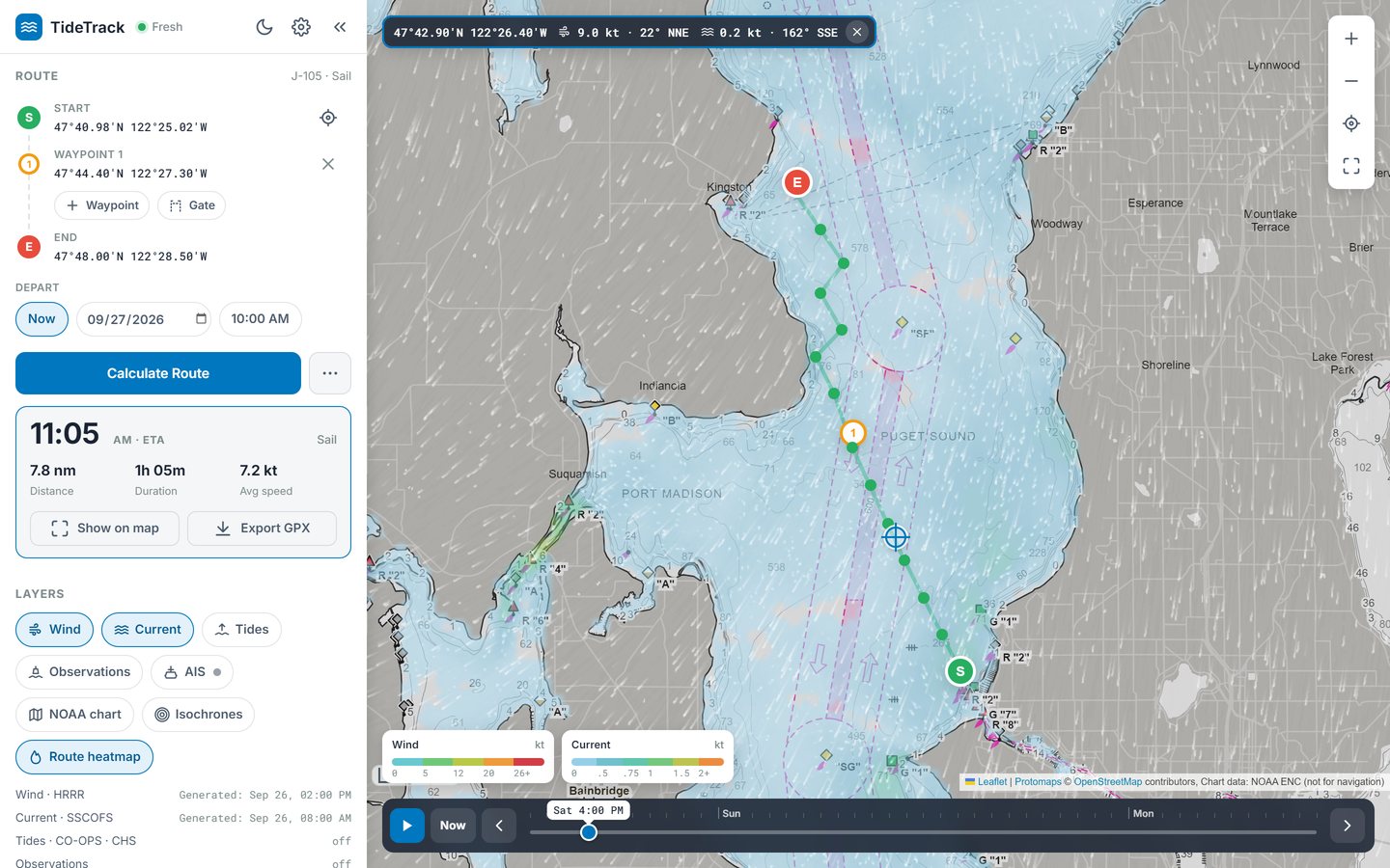 Wind and current probe readout over the Salish Sea