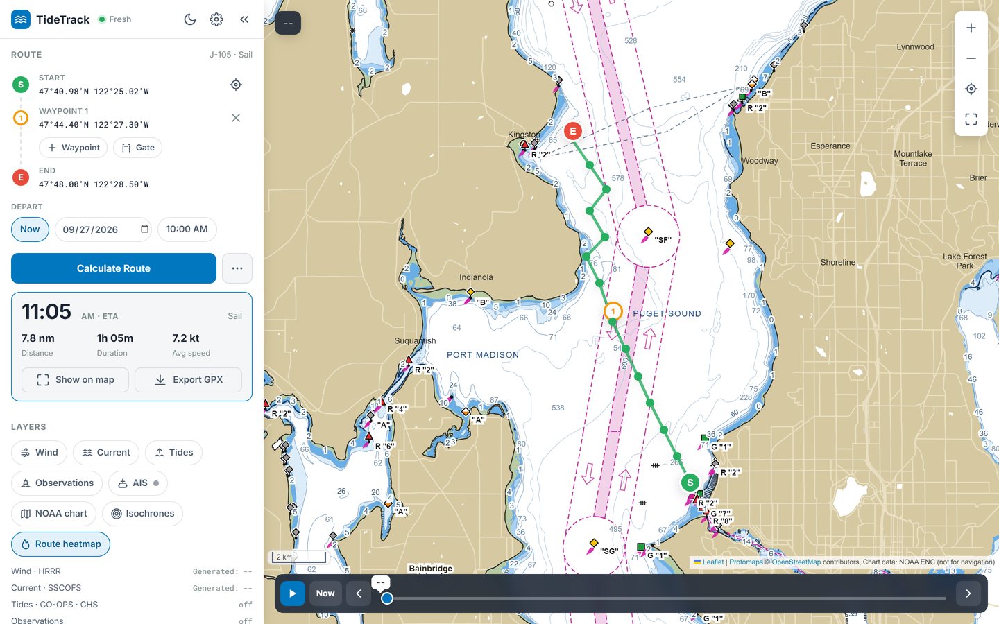TideTrack on a laptop showing an optimised sailing route over wind and current forecasts of Puget Sound