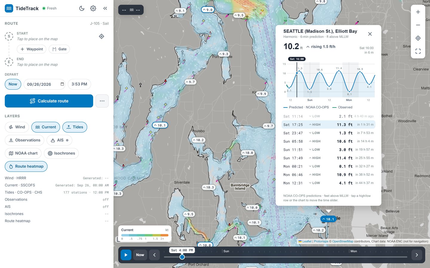 TideTrack showing tide heights at NOAA stations around Puget Sound, with the Seattle station card open: a 48-hour tide curve, predicted and observed water level, and the next highs and lows