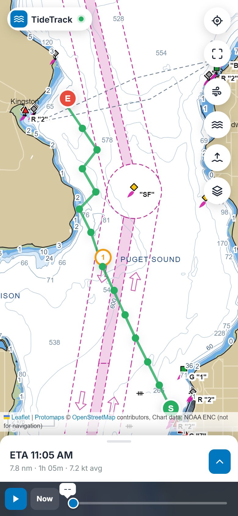 TideTrack on a phone showing a route result